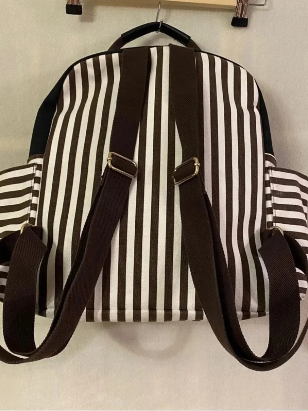 Henri Bendel black white brown striped canvas backpack large
